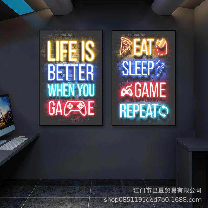霓虹灯电玩游戏挂画PS机手柄游戏厅壁画潮流电玩店电竞房装饰画