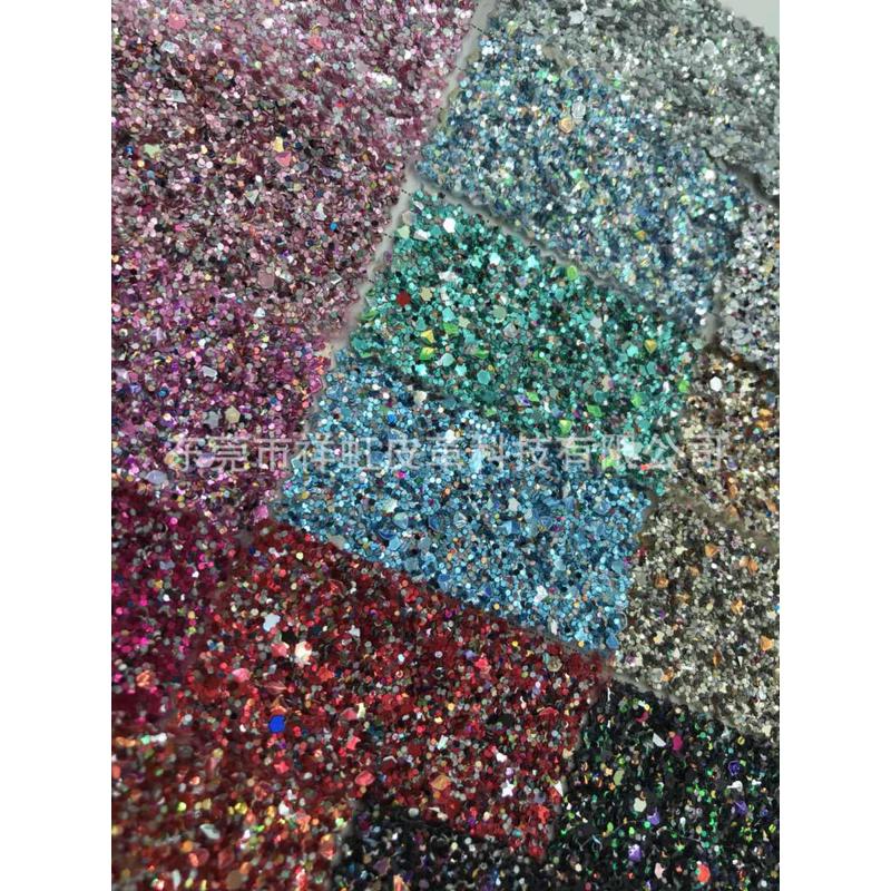厂家直销新款特殊格丽特闪亮混彩不规则厚片格利特人造革PU