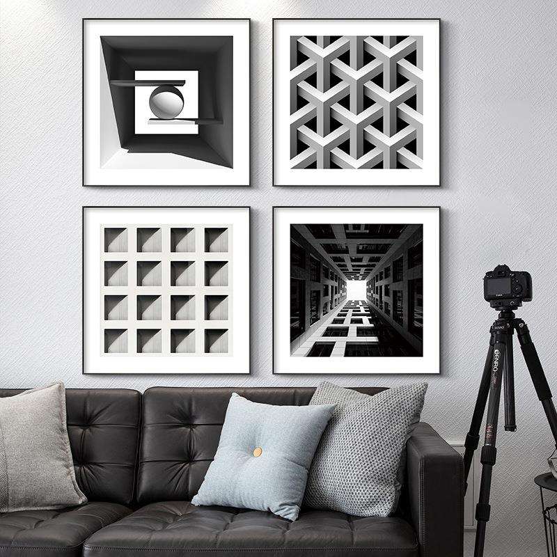 照片黑白装饰画卧室床头玄关壁画沙发背景建筑小挂画组合现代轻奢