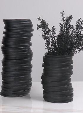 简约现代陶瓷艺术黑色圆环层叠花器摆件样板间客厅玄关桌面装饰品