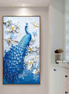 美岸5D孔雀蓝色竖版玄关钻石绣满钻客厅点钻十字绣简约现代钻石画