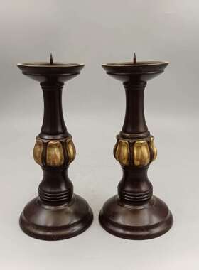 古玩铜器收藏铜摆件 红铜鎏金 荷苞光面铜蜡台一对家居装饰工艺品