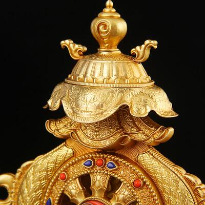 慧宝八吉祥总集摆件佛前供台用品 吉祥八宝组合 纯铜鎏金镶钻金轮