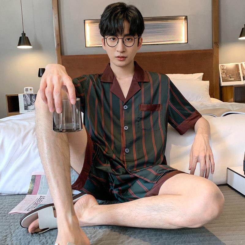 睡衣男款夏季薄款冰丝男士短袖短裤家居服夏天条纹高级感两件式套