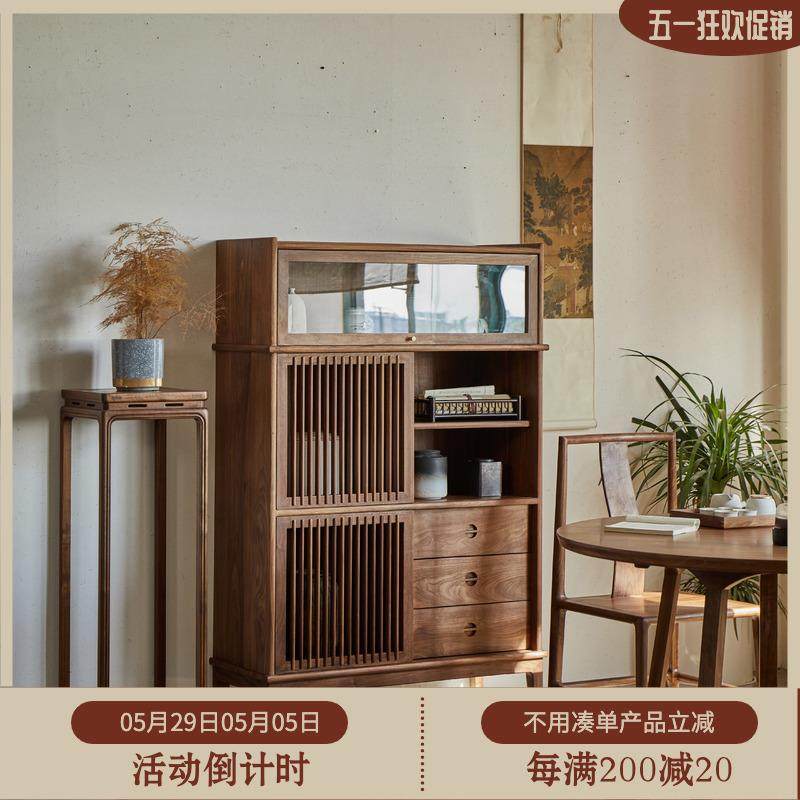 新中式榆木实木酒柜餐边柜客厅边柜沙发储物柜黑胡桃木茶边柜角柜
