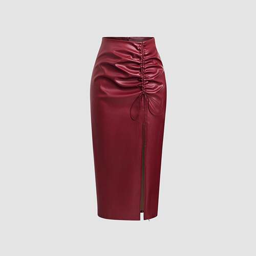 Womens Ruched Drawstring Split Thigh Pu Leather Skirt