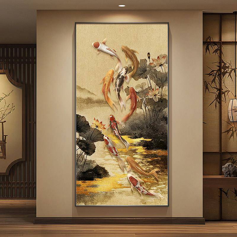 宋代美学九鱼图玄关装饰画荷花走廊过道挂画新中式锦鲤入户门壁画