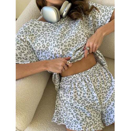 Women's 2-Piece Leopard Print Short-Sleeve Top & Shorts
