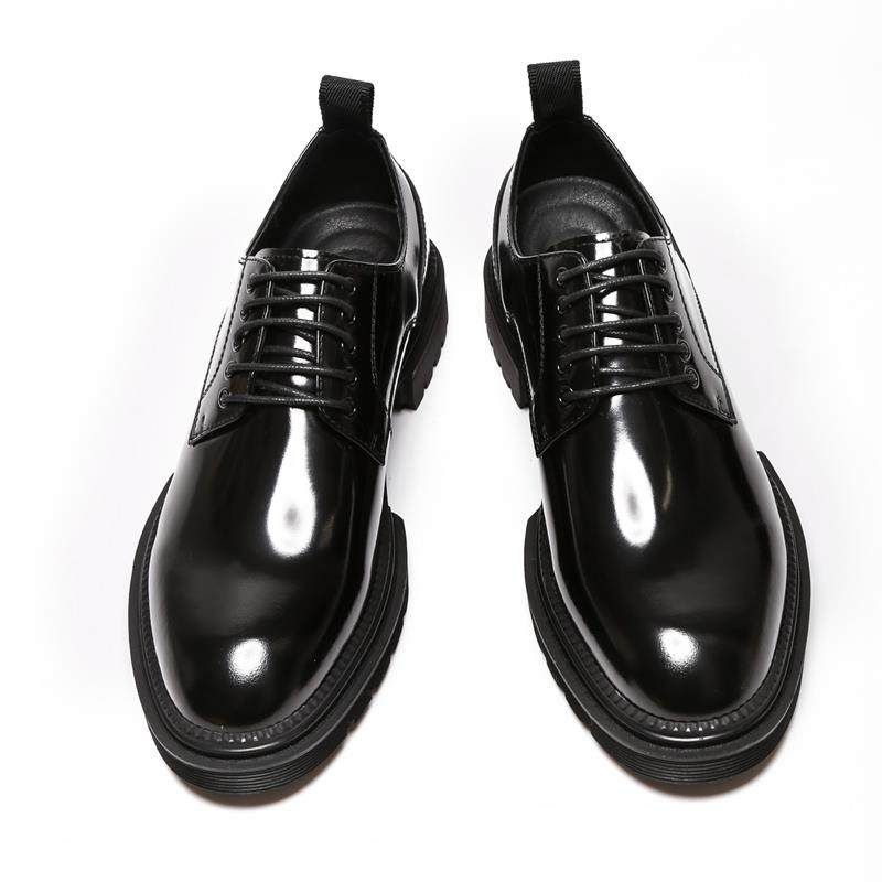 高档新款休皮鞋男真皮闲韩版百搭漆皮圆头英伦男厚底务鞋商结婚新