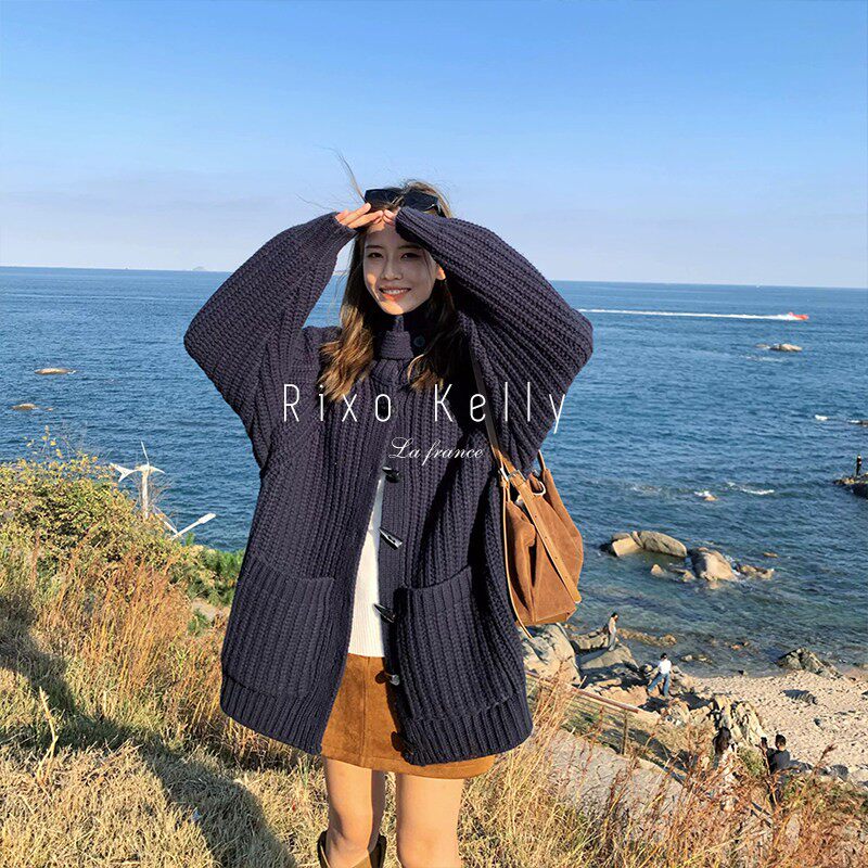 法式复古纯色羊毛粗棒针牛角扣毛衣 RIXO KELLY中长款开衫外套 高
