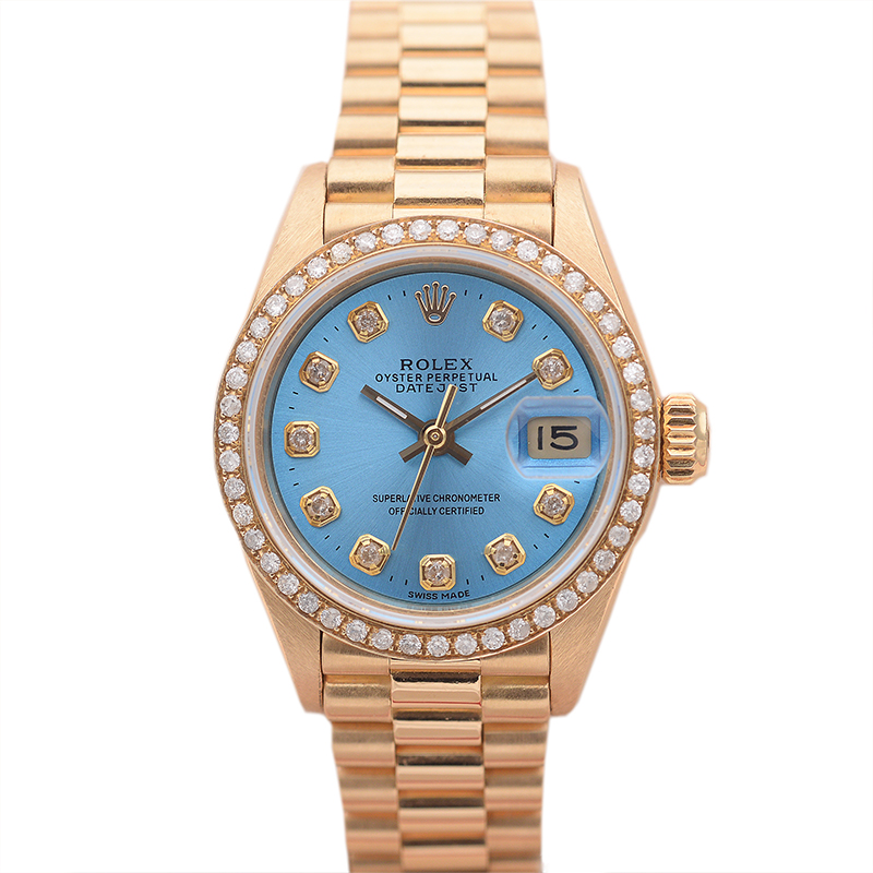 正品女金劳[9.8新]劳力士日志型蓝盘后镶钻自动机械女表69178