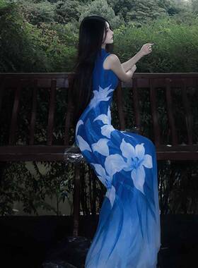 新中式国风蓝色渐层印花气质洋装高级感得体绝美裙旗袍2026夏季