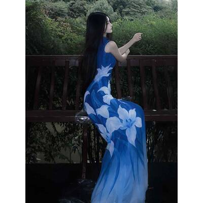 新中式国风蓝色渐层印花气质洋装高级感得体绝美裙旗袍2026夏季