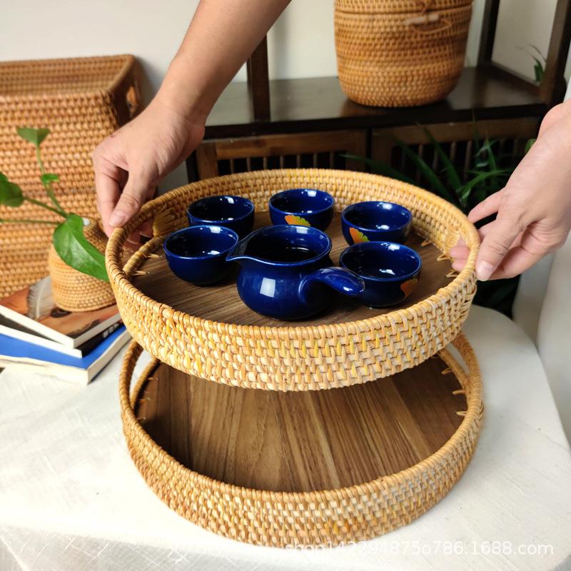 越南手工编织藤编木纹底提手水果盘茶盘圆形托盘创意收纳篮客厅