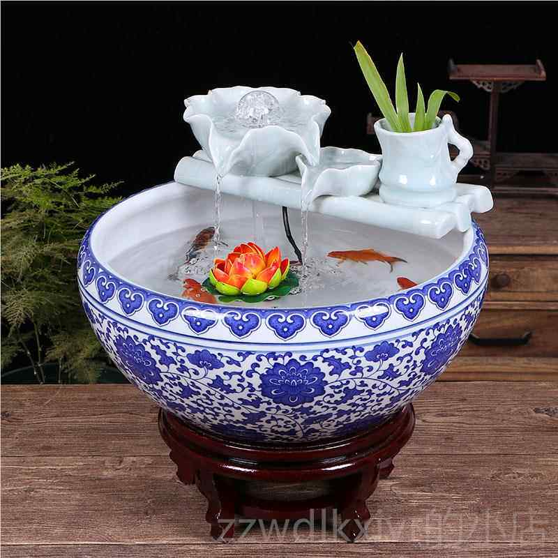 新款创意陶瓷金鱼缸客厅喷面泉桌水摆件小型家用环招循财鱼缸养鱼