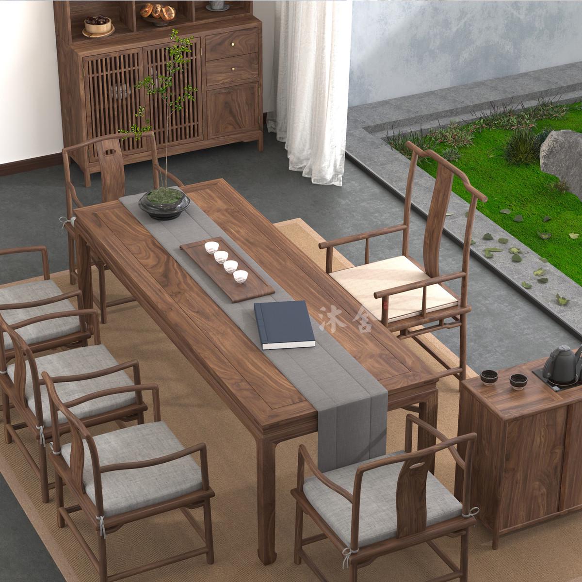 9C新中式茶桌黑胡桃木实木茶台禅意简约画案办公桌老榆木茶桌椅组