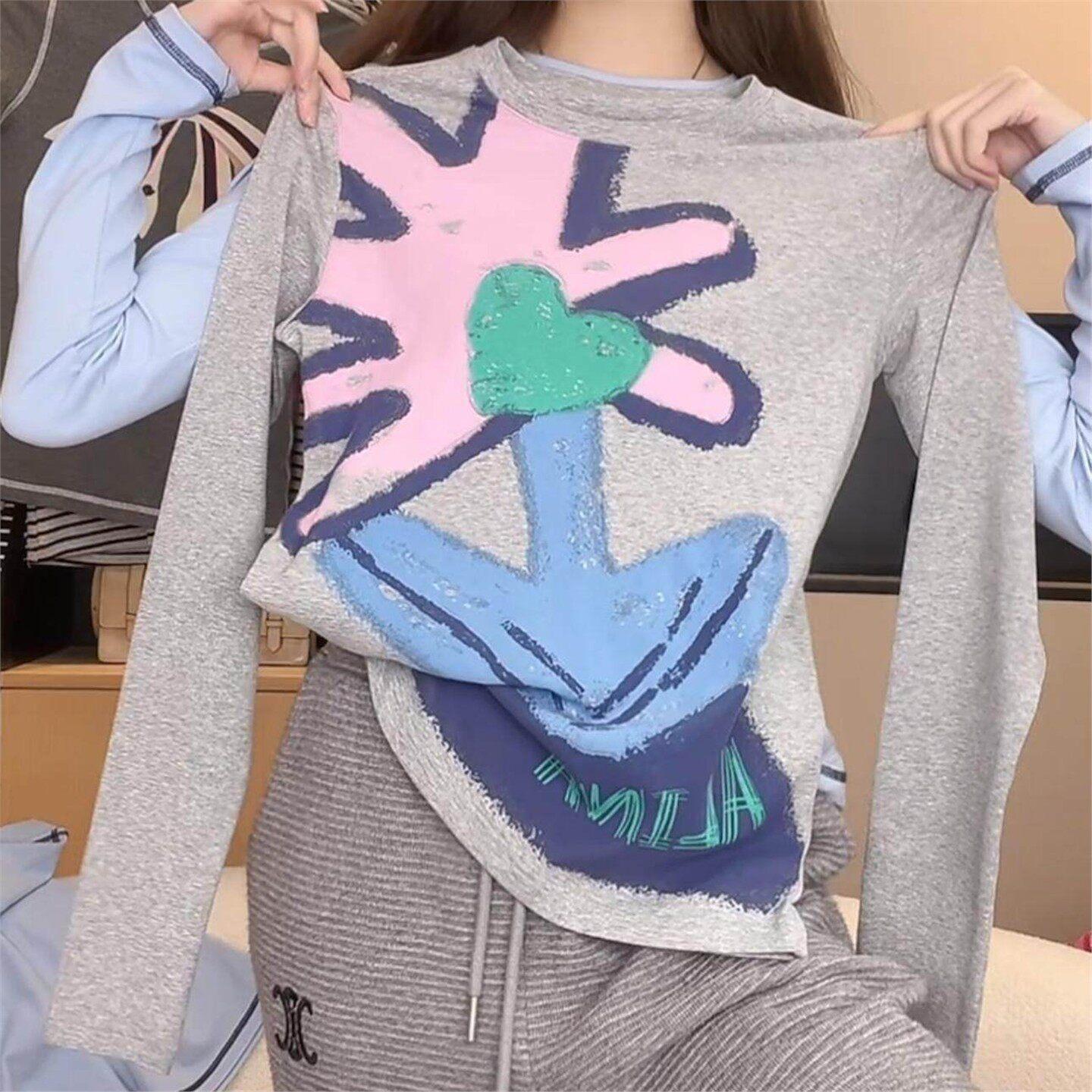 潮牌设计感印花长袖T恤女春季新款休闲时尚超好看百搭显瘦打底衫