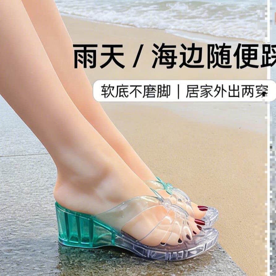 女士水晶拖鞋果冻2026夏季果冻色粗跟厚底室外出休闲凉拖鞋高跟鞋