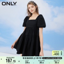 only奥莱春夏时尚高腰，显瘦泡泡袖，方领短款连衣裙女