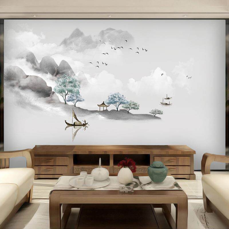 新中式山水画意境沙发电视背景墙布壁画客厅影视墙纸现代抽象壁布