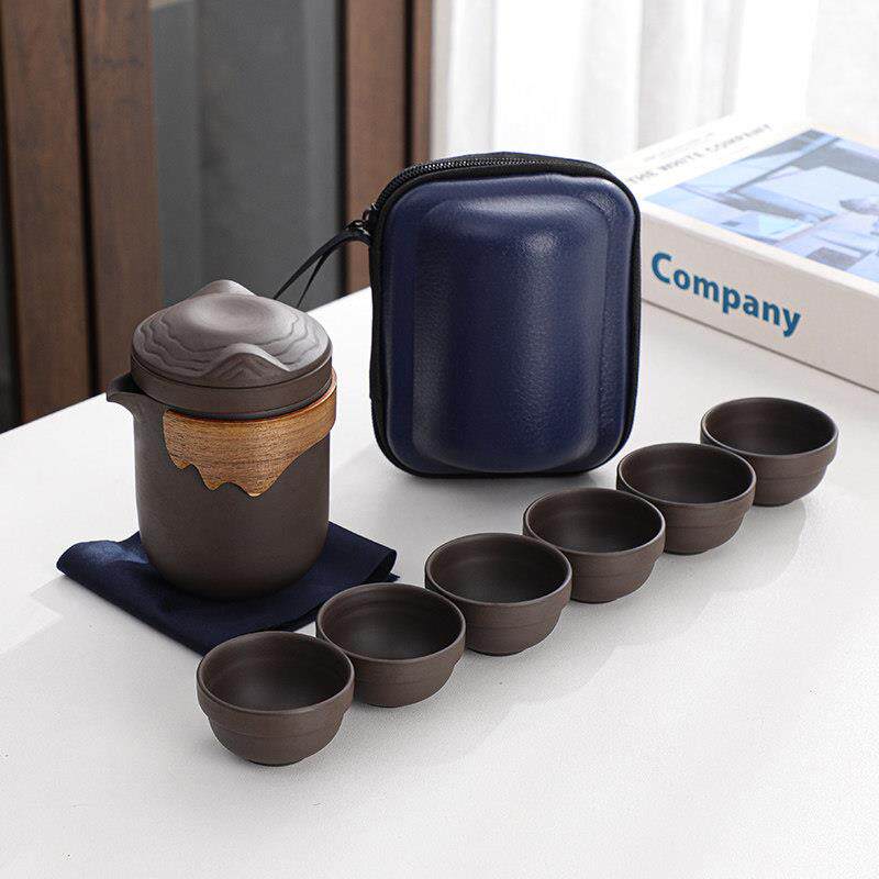 紫砂旅行茶具茶杯一壶六杯套装户外露营快客杯可携式茶壶随身携带