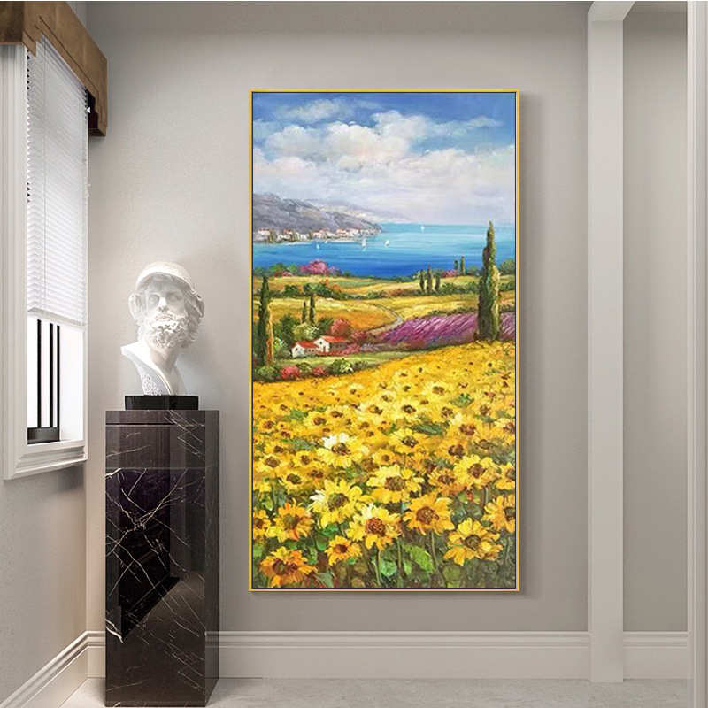 走廊壁画装饰画立体油画手绘手绘竖玄关向日葵挂画过道版酒店图片