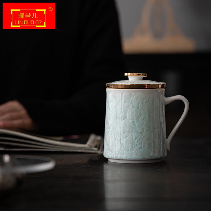 冰花玉瓷办公杯茶水分离泡茶杯陶瓷结晶釉家用办公室带盖过滤水杯