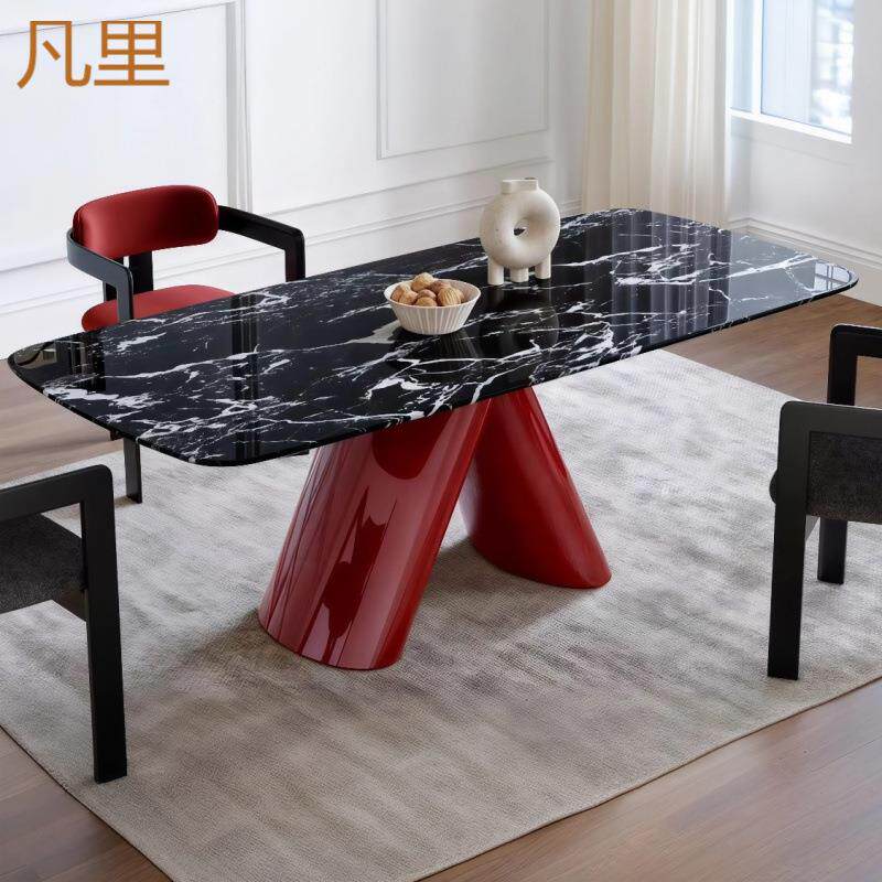 家用餐厅现代设计师款酒红色2米椭圆形天然大理石餐桌超晶石饭桌
