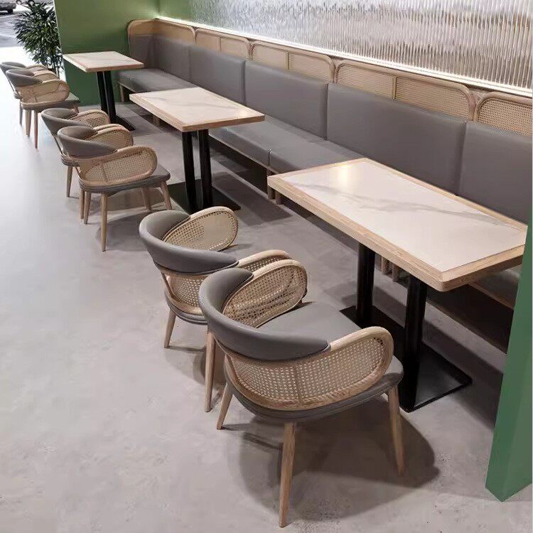实木高档中式餐厅桌椅组合东南亚藤编餐饮店家具茶楼饭店卡座沙发