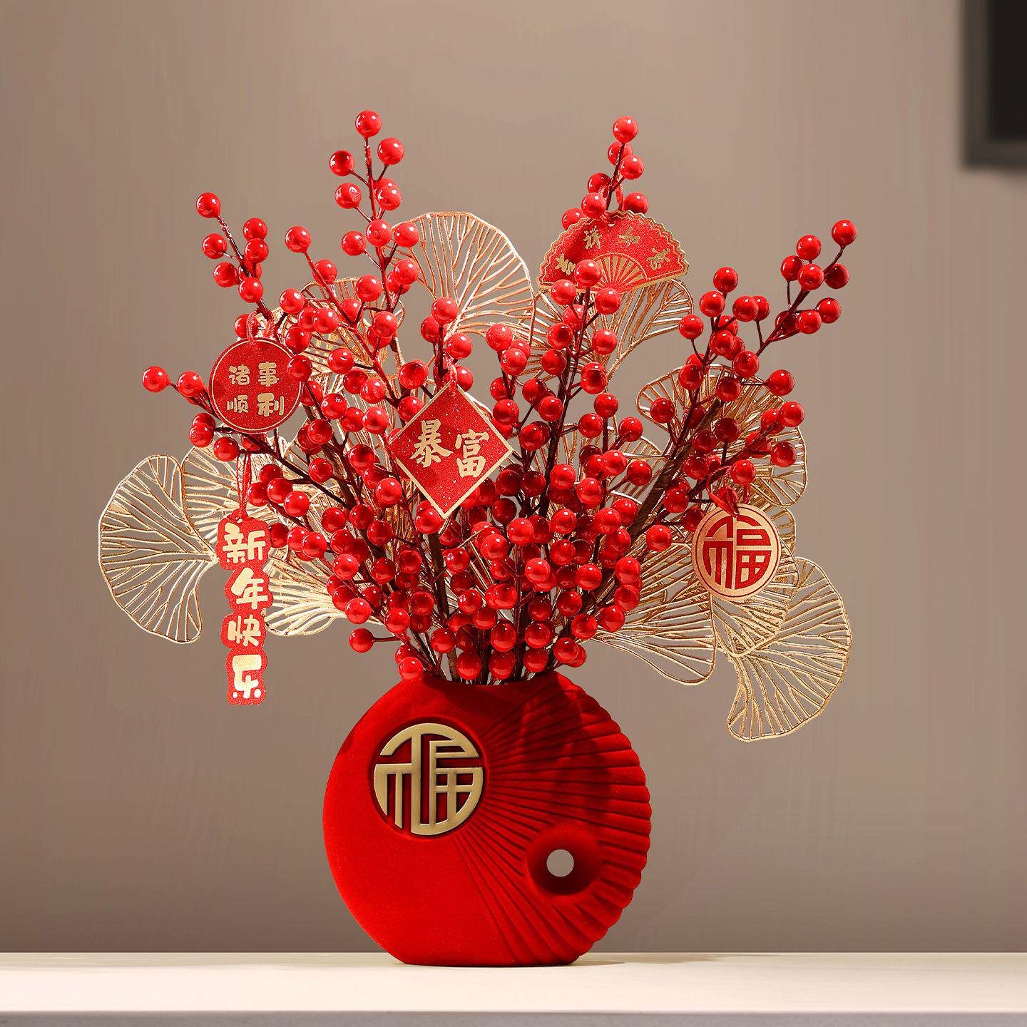 新庆中式年GHD花宵植绒花瓶装饰摆件春客厅马年节喜福桶新年乔迁