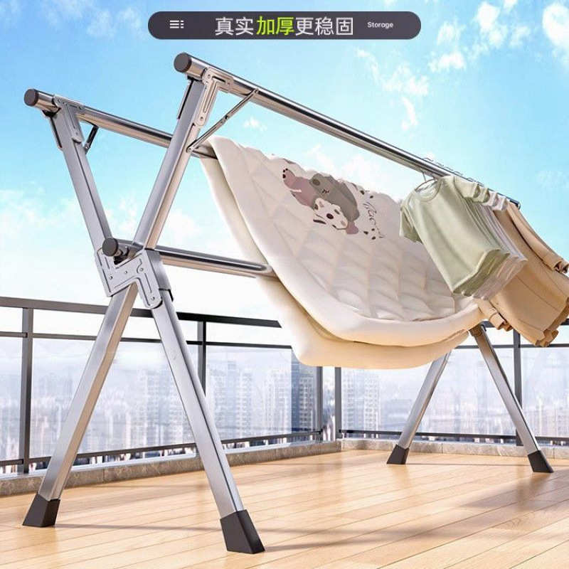 折叠晾衣架落地室内外不锈阳台挂衣架双杆晾衣加粗钢管伸缩晒衣架