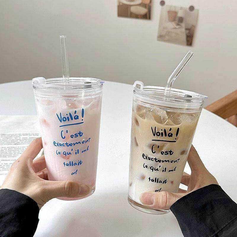 ins风字母印花玻璃杯高颜值水杯咖啡杯带盖吸管杯果汁杯牛奶杯子