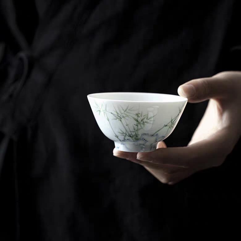 来龙山玉瓷主人杯釉下彩青花手绘超薄胎茶具个人杯洞天竹影茶杯
