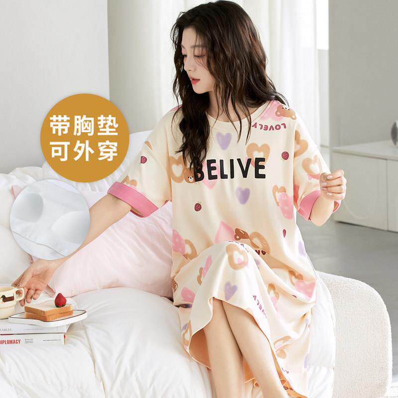 夏季短袖中款睡裙女士卡通自带胸垫一体家居服大尺码可外穿甜美睡