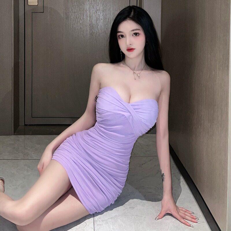 性感低胸一字领网纱裹胸抹胸连衣裙女辣妹包臀裙夜场蹦迪超短裙子