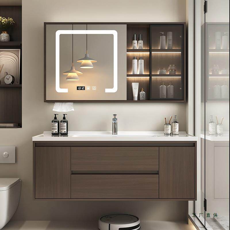 新中式中古风浴室柜组合陶瓷一体盆胡桃色卫生间洗手脸盆柜洗漱台