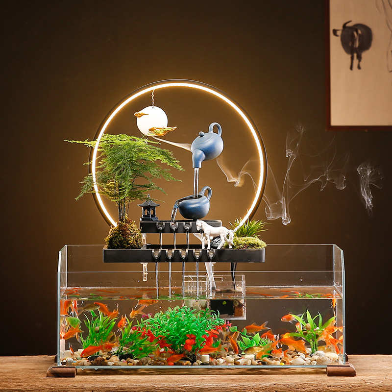 大型玻璃鱼缸流水招财摆件家居客厅办公室水循环喷泉景观乔迁礼品