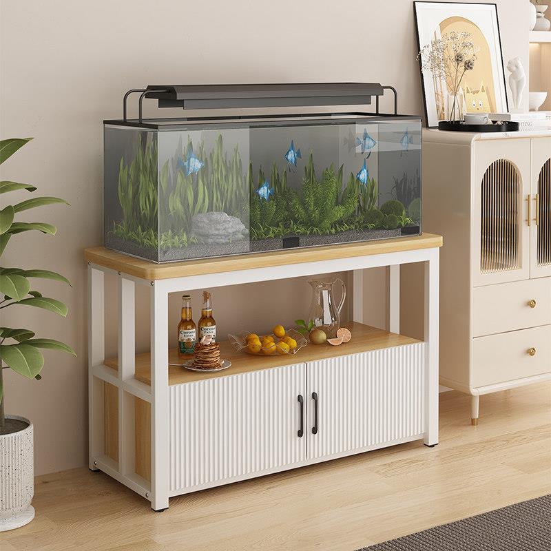 带柜款金属鱼缸底座架 黑架浅胡桃色水族箱架 客厅用多尺寸鱼缸架