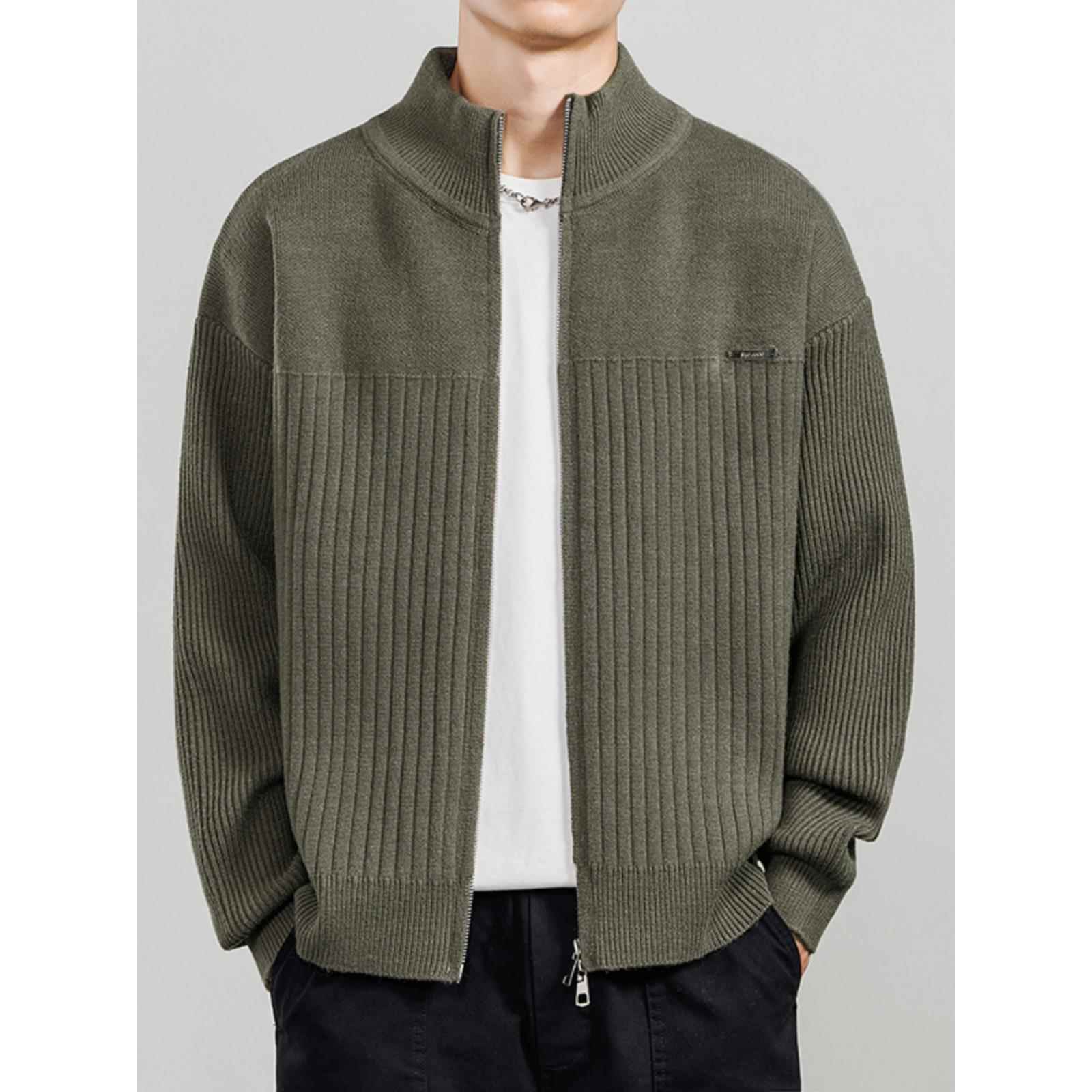 秋冬毛衣男士新款上衣高领双拉链开衫宽松休闲线衣感立领针0926c