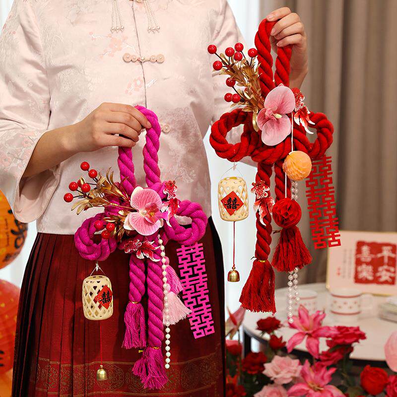 婚房布置男女方主卧室房门挂饰结婚新房窗帘喜字门把手挂件中国结
