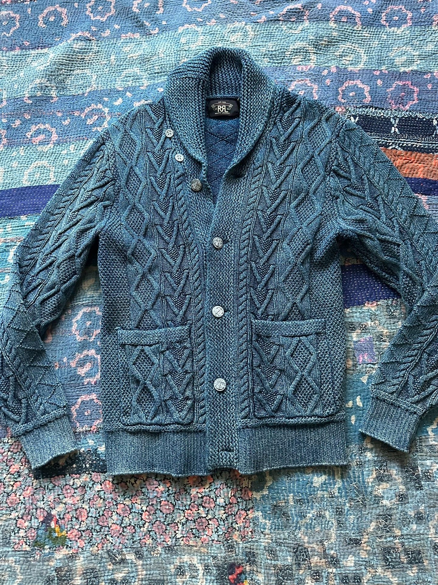 RRL Blue Cable-Knit Wool Cardigan