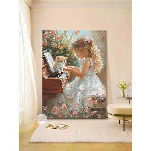 法式复古奶油风小女孩弹钢琴手绘油画猫咪客厅装饰画肌理玄关挂画