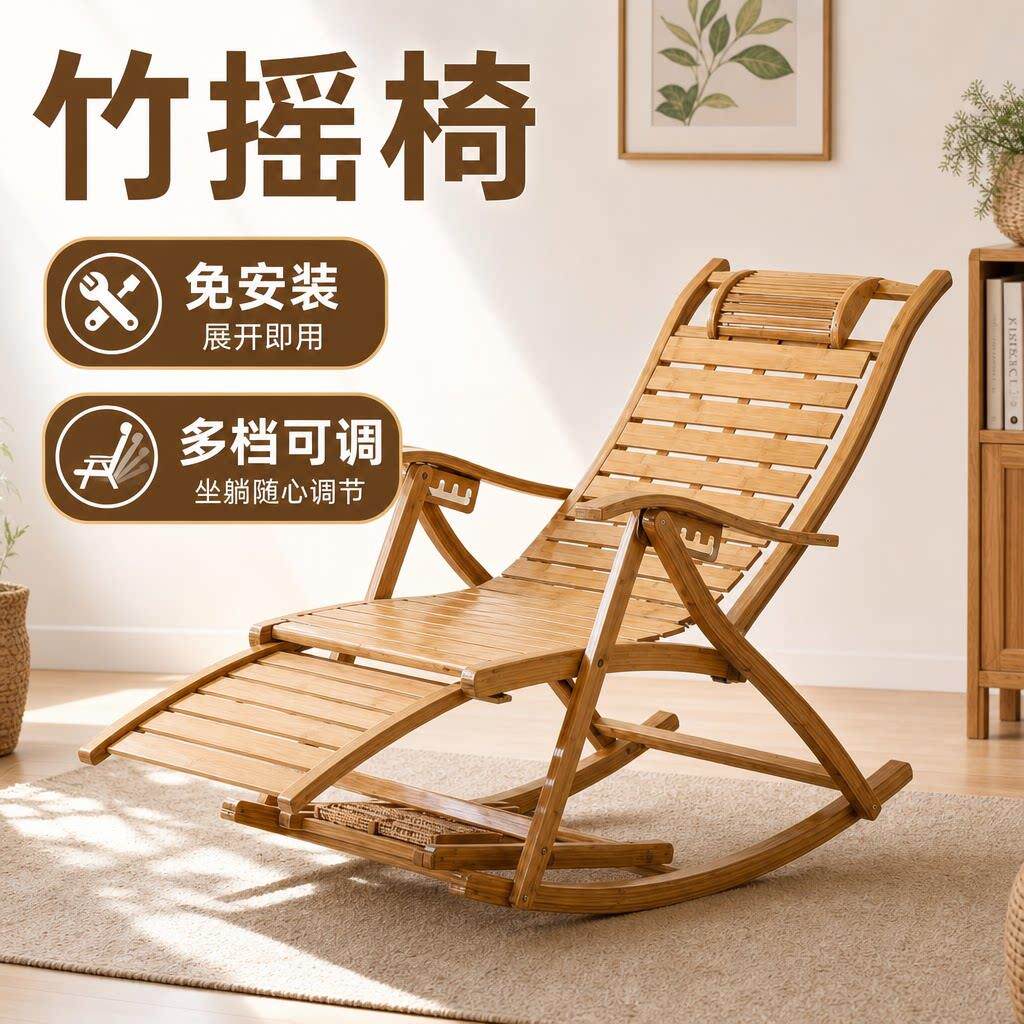 竹摇椅折叠躺椅办公室午休摇摇椅子逍遥椅阳台懒人午睡椅子免安装