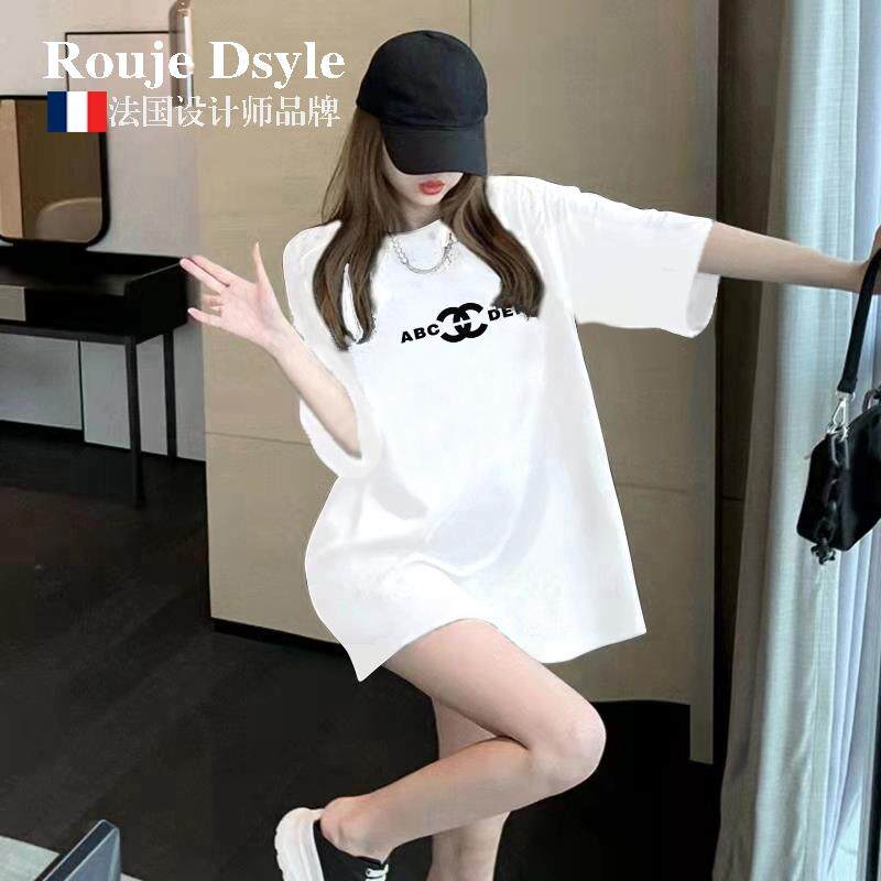 法国Rouje Dsyle字母印花短袖T恤女夏款灰色宽松纯棉遮臀半袖上衣