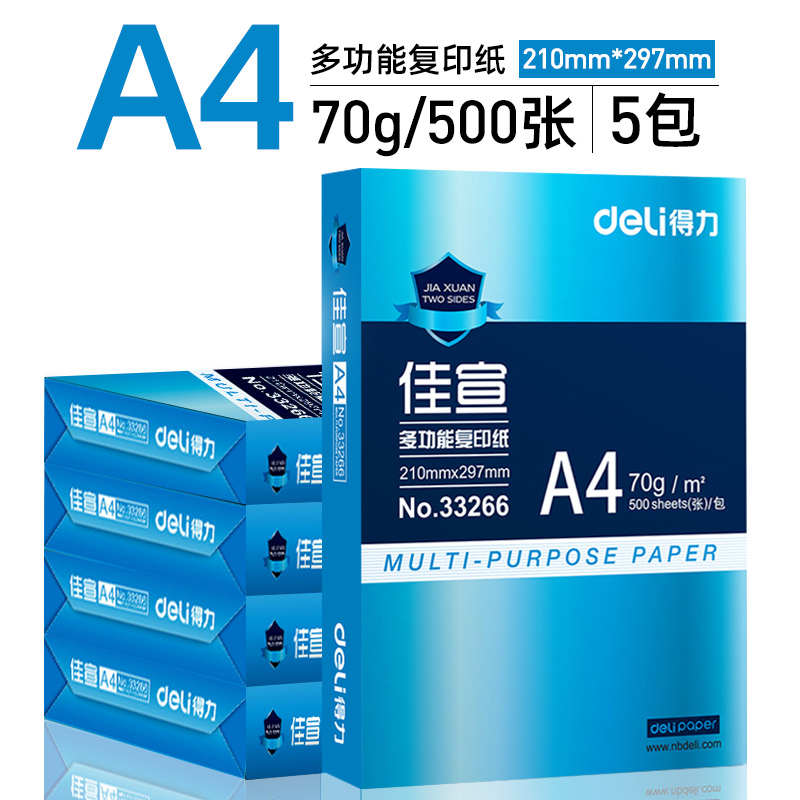 得力7401莱茵河A4纸打印复印纸500张5包装A4纸70g/80g办公用品打