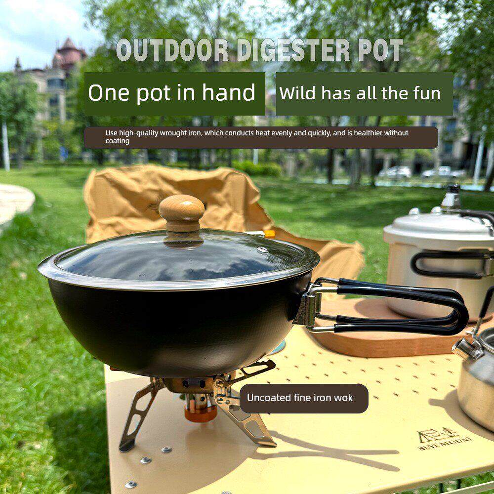 户外便携式折叠手柄小锅无涂层锅迷你野营风格野餐小铁锅