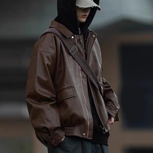 皮衣外套男春秋季2025新款潮牌棕色薄款痞帅机车休闲宽松真皮夹克
