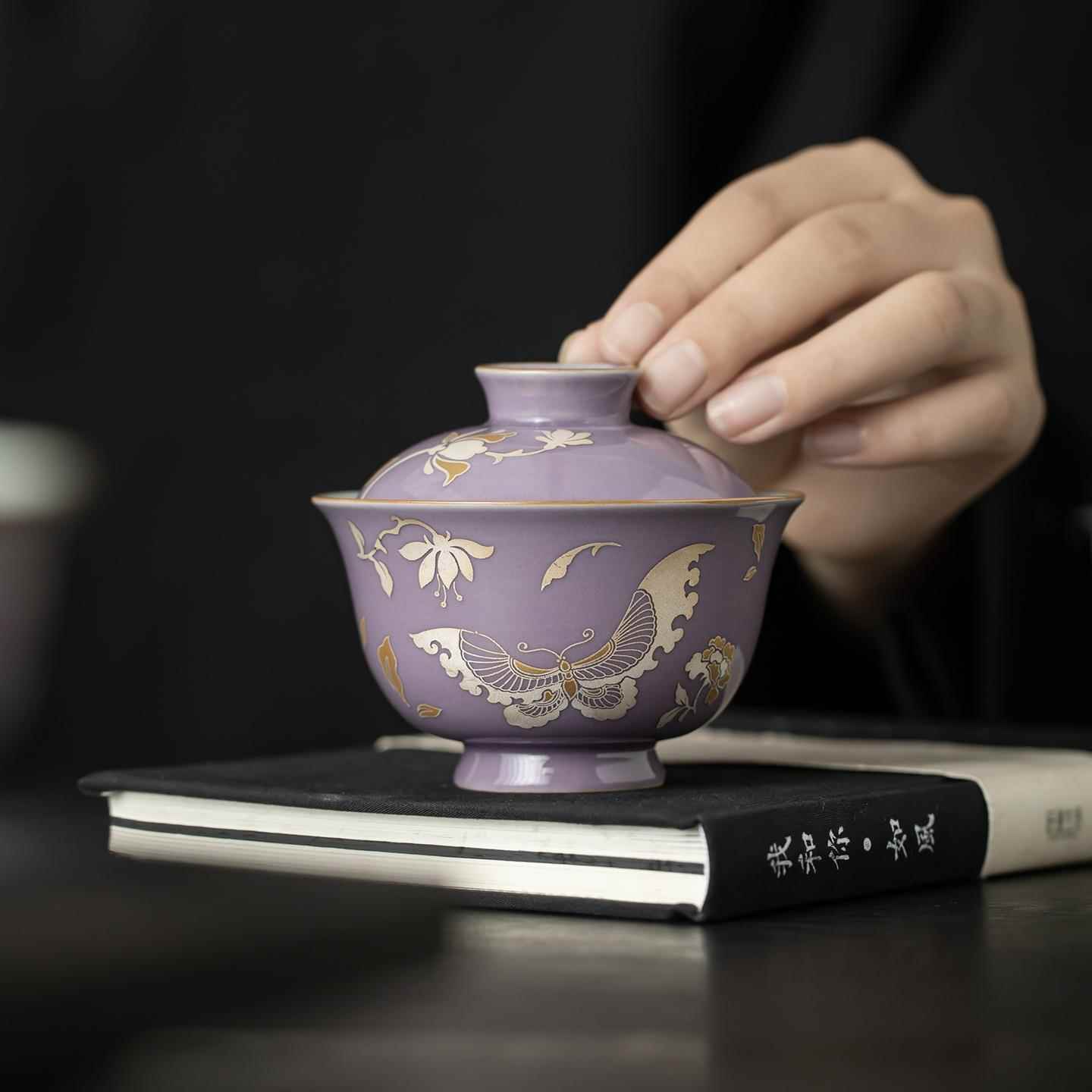 紫气东来蝴蝶紫色盖碗二才盖碗陶瓷汝窑泡茶碗文人茶器茶室茶艺师