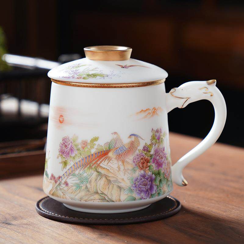 传统手工羊脂玉陶瓷办公杯马克杯精心制作陶瓷杯自带茶水过滤器