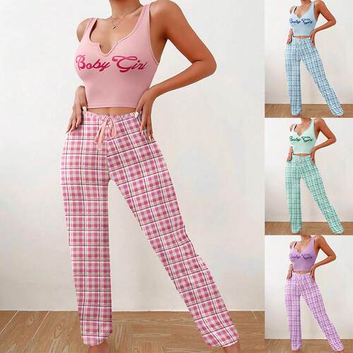 Home clothes, vest, color blocked checkered pants, letter